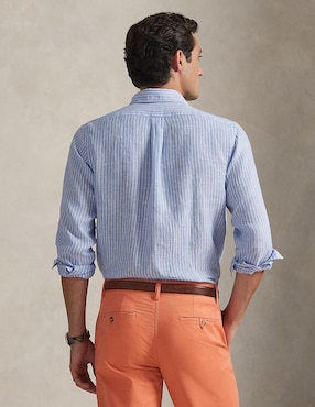 Camisa business casual Polo Rl de lino manga larga para hombre