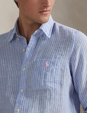 Camisa business casual Polo Rl de lino manga larga para hombre