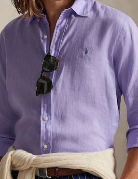 Camisa business casual Polo Rl de lino manga larga para hombre