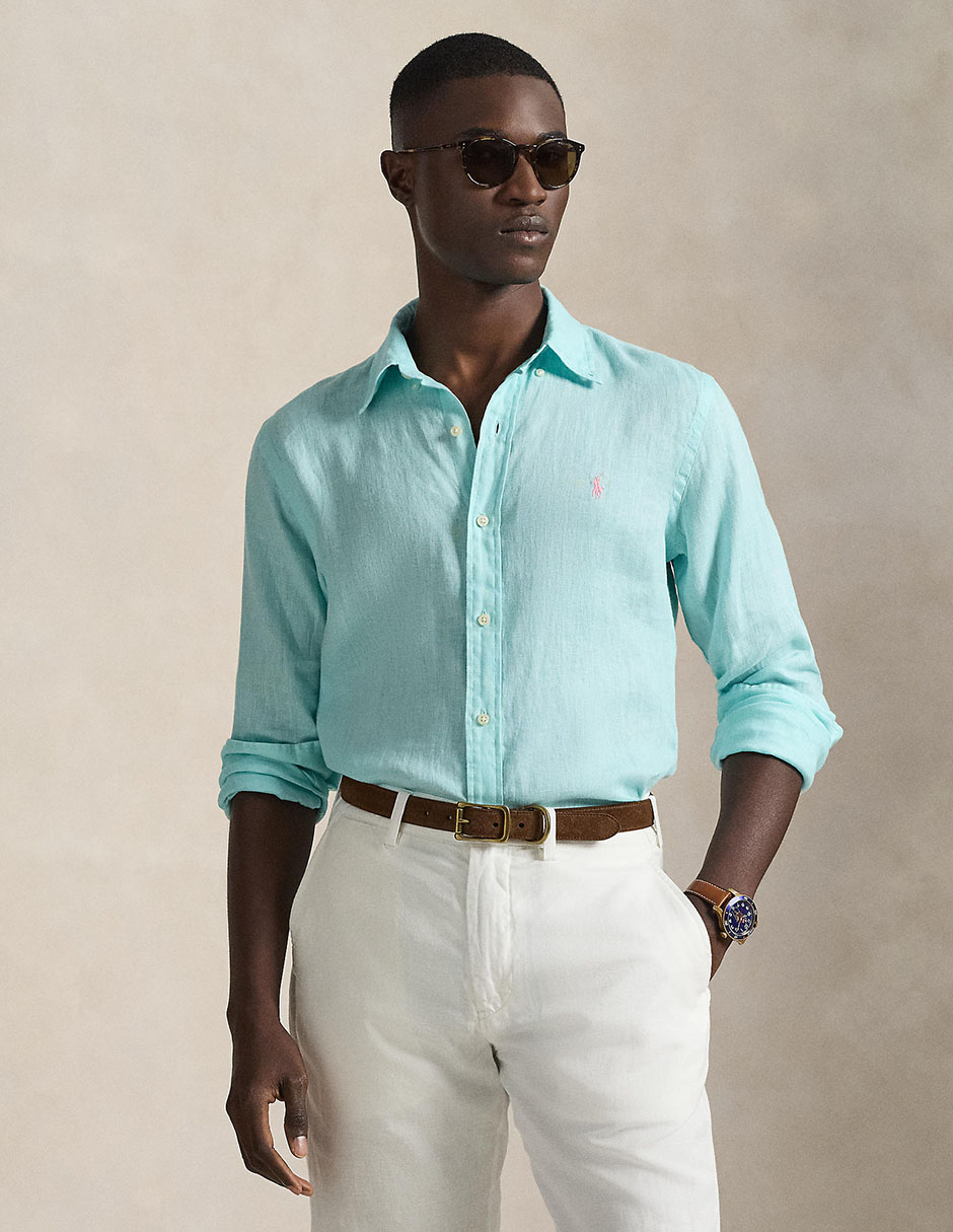 Camisa business casual de lino manga larga para hombre