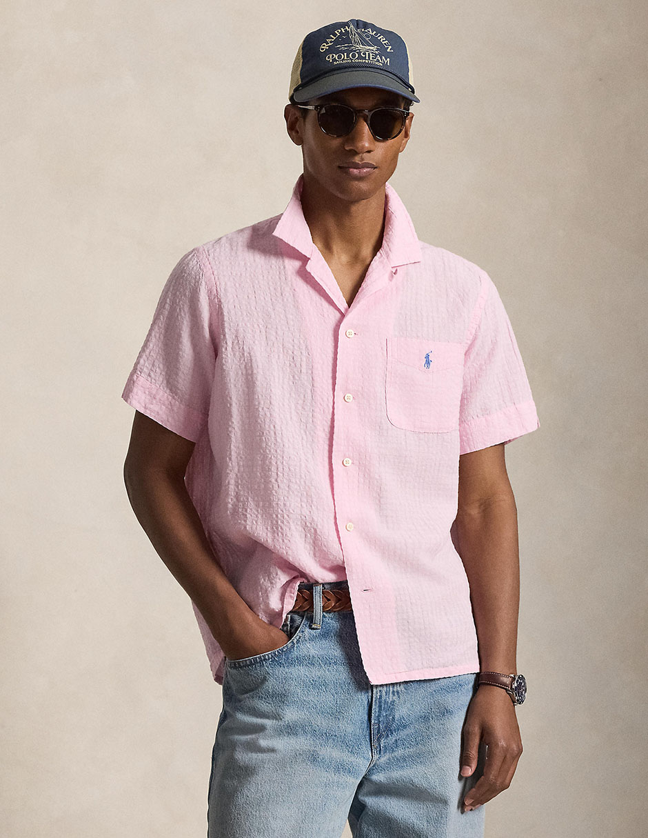 Camisa business casual de lino manga corta para hombre