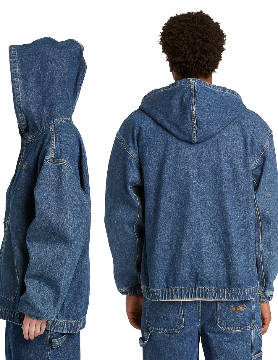 Chamarra Denim Full Zip Hooded Bomber de mezclilla con capucha para hombre 2