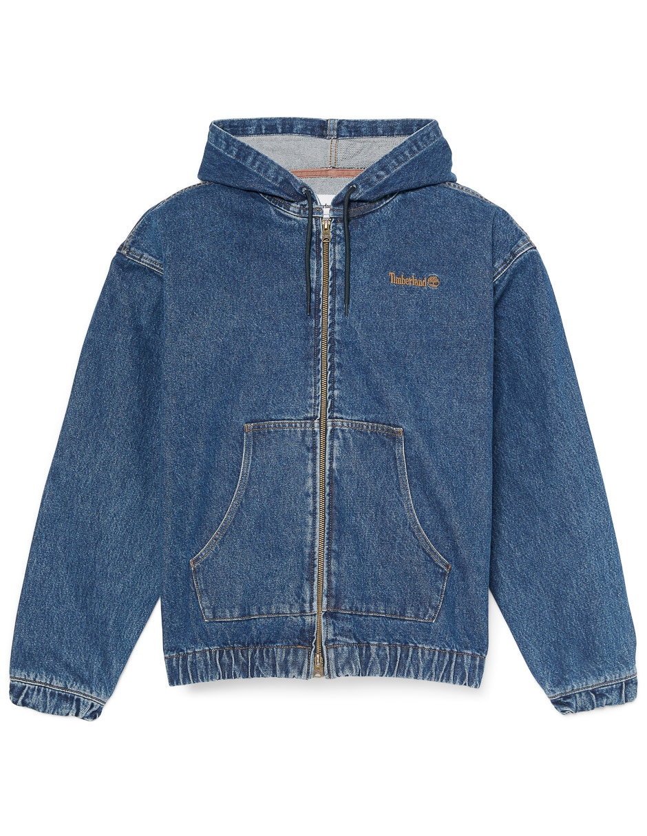 Chamarra Denim Full Zip Hooded Bomber de mezclilla con capucha para hombre 3